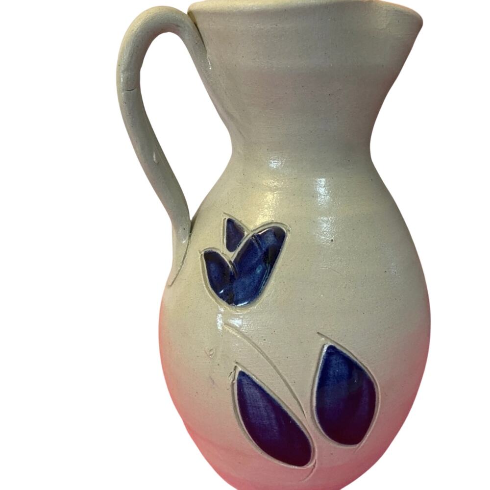 Vintage Williamsburg Salt Glazed Pottery Pitcher: Blue Tulip Vase